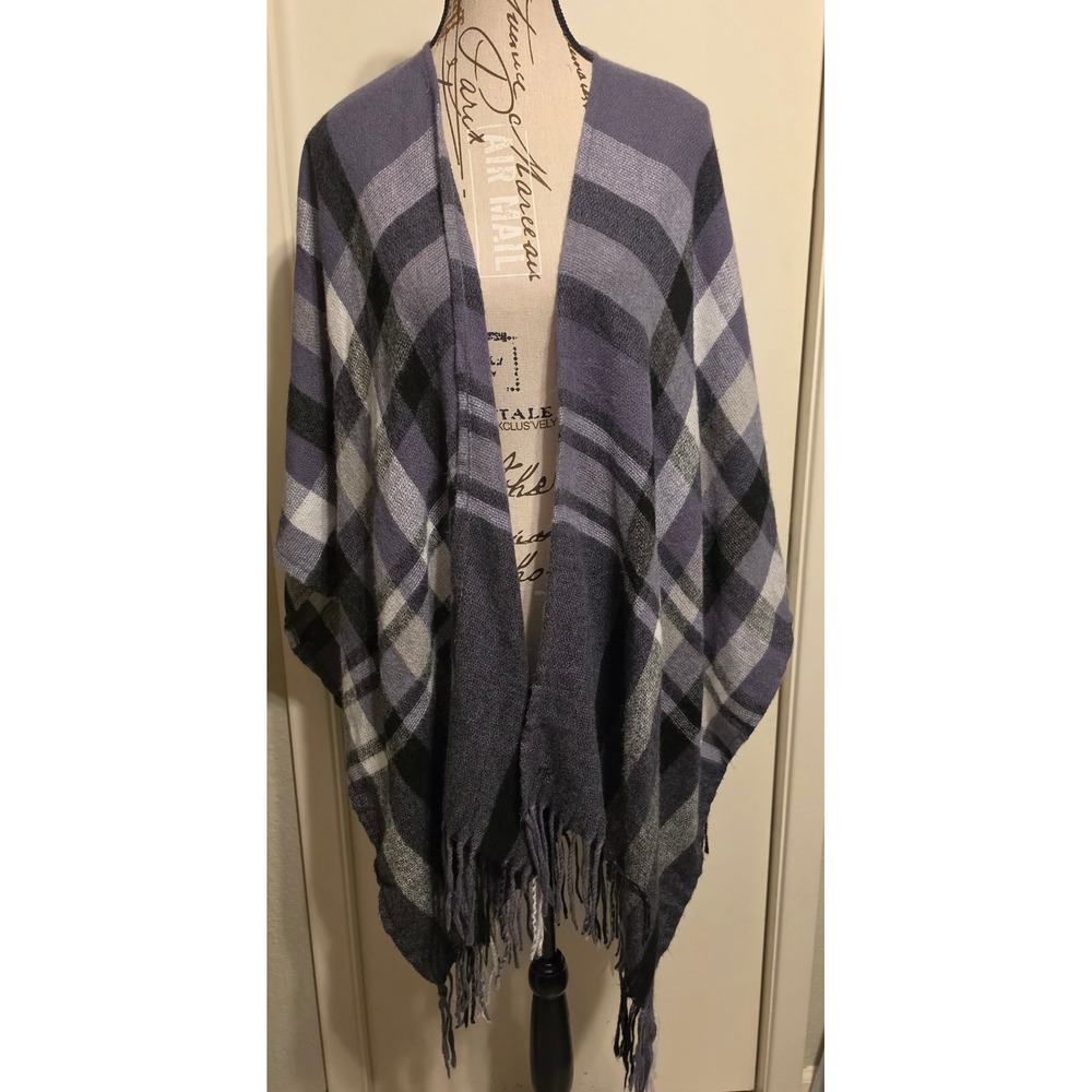Banana Republic Purple Gray Plaid Fringe Poncho Wrap Cashmere Wool Blend O/S